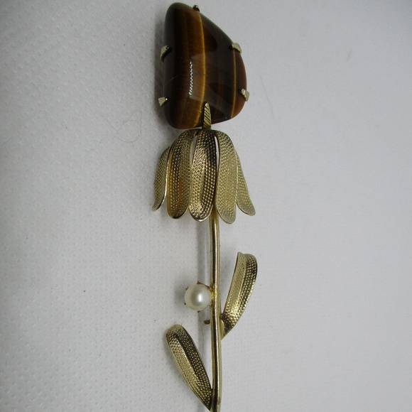 TIGER EYE Genuine PEARL Gold Tone Flower Brooch - Picture 3 of 8